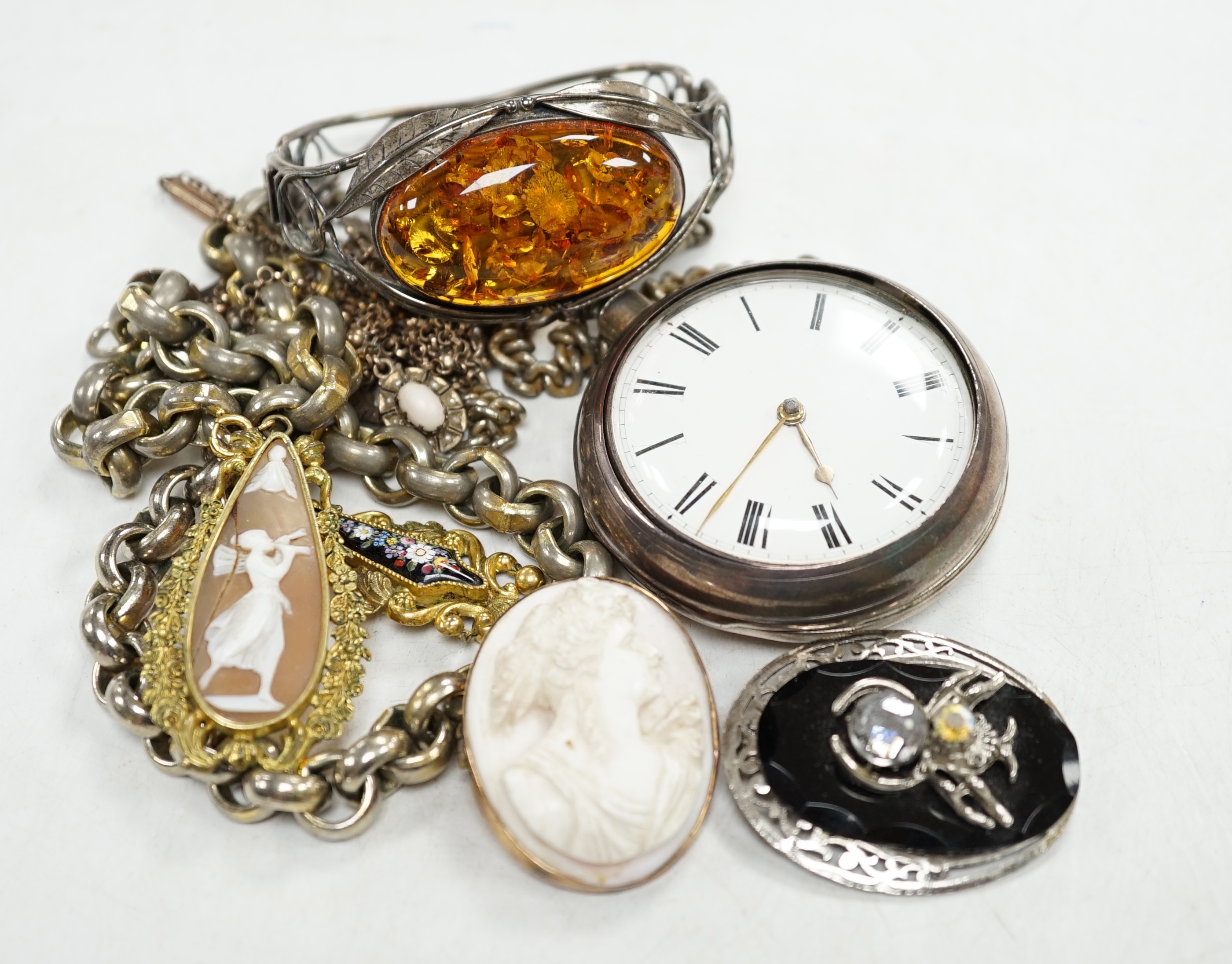 A Victorian silver pair cased pocket watch and albert, and sundry costume jewellery. Condition - mostly fair